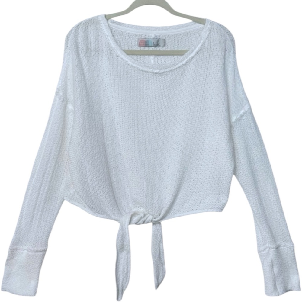 Free People Beach White Open Knit Cotton Tie Front Sweater Long Sleeve